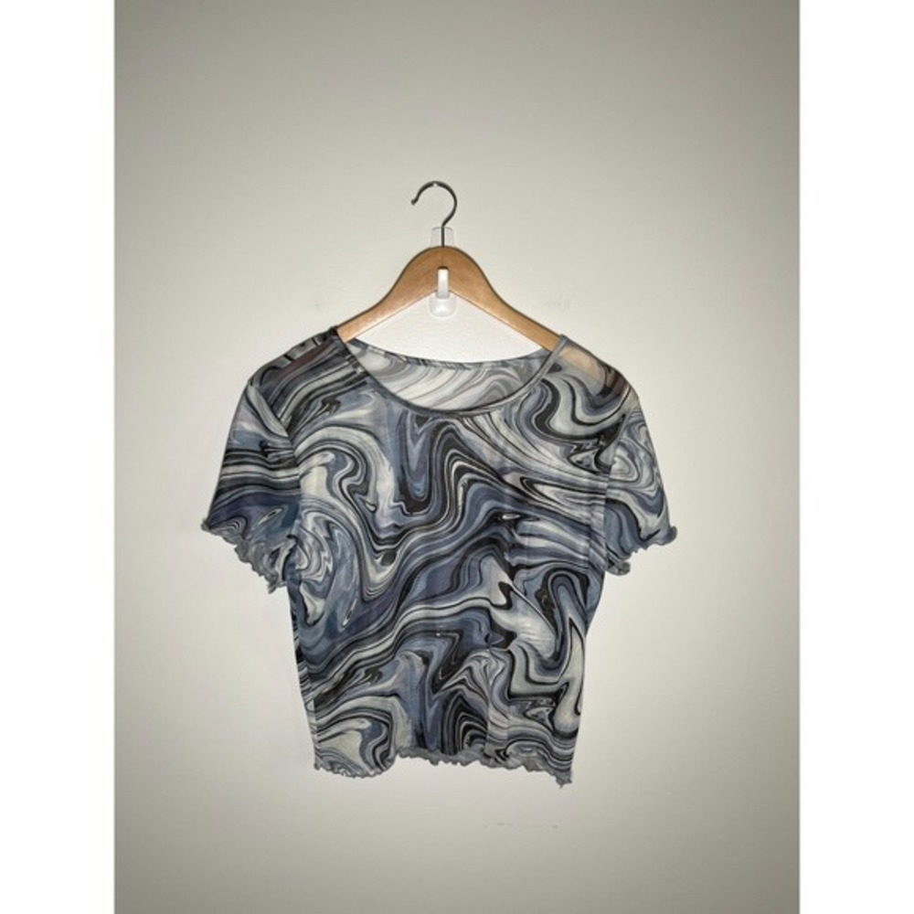 Y2K Womens Mesh Festival Fairy Ruffle Lettuce Hem Swirl Top Blue 1XL